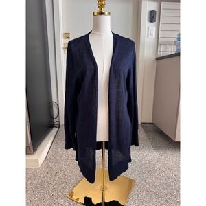 Halogen Navy Blue Linen Blend Open Front Longline Cardigan Sweater Size L